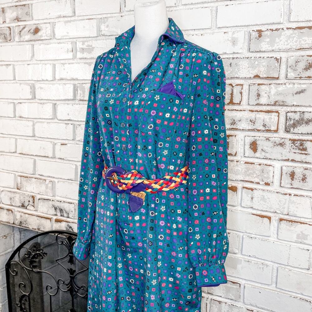 Vintage 80s Long Sleeve Button Shirt Dress in Teal by Schrader Sport Petites 8